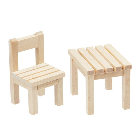 2 teiliges Set Stuhl und Tisch aus Holz - Ideales Zubehör für die Wichteltür als Dekoration