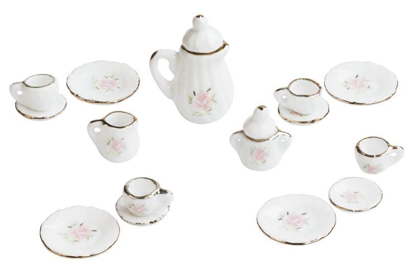 15 teiliges Kaffeeservice in weiß / rosa mit Goldrand als Zubehör Wichteltür