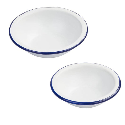 2 Schüsseln weiß mit blauem Rand als Wichteltür Zubehör - diese dürfen in keiner Küche fehlen.