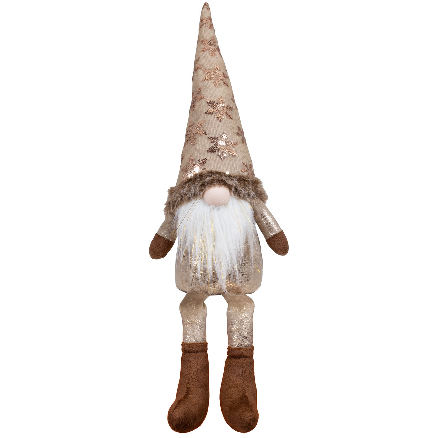 Wichtel als Kantenhocker mit einer Stoffmütze. Die Mütze ist mit Pailletten in Form von Schneeflocken besetzt. Im weißen Bart sind dezente Goldsträhnen eingearbeitet. Dadurch bekommt der Wichtel eine sehr edle und erhabene Optik. Höhe: ca. 55 cm (Gesamtlänge vom Fuß bis zum Ender der langgezogenen Mütze) - Material: Stoff, Samt, Pailletten, Fell - Farben: braun, bronze