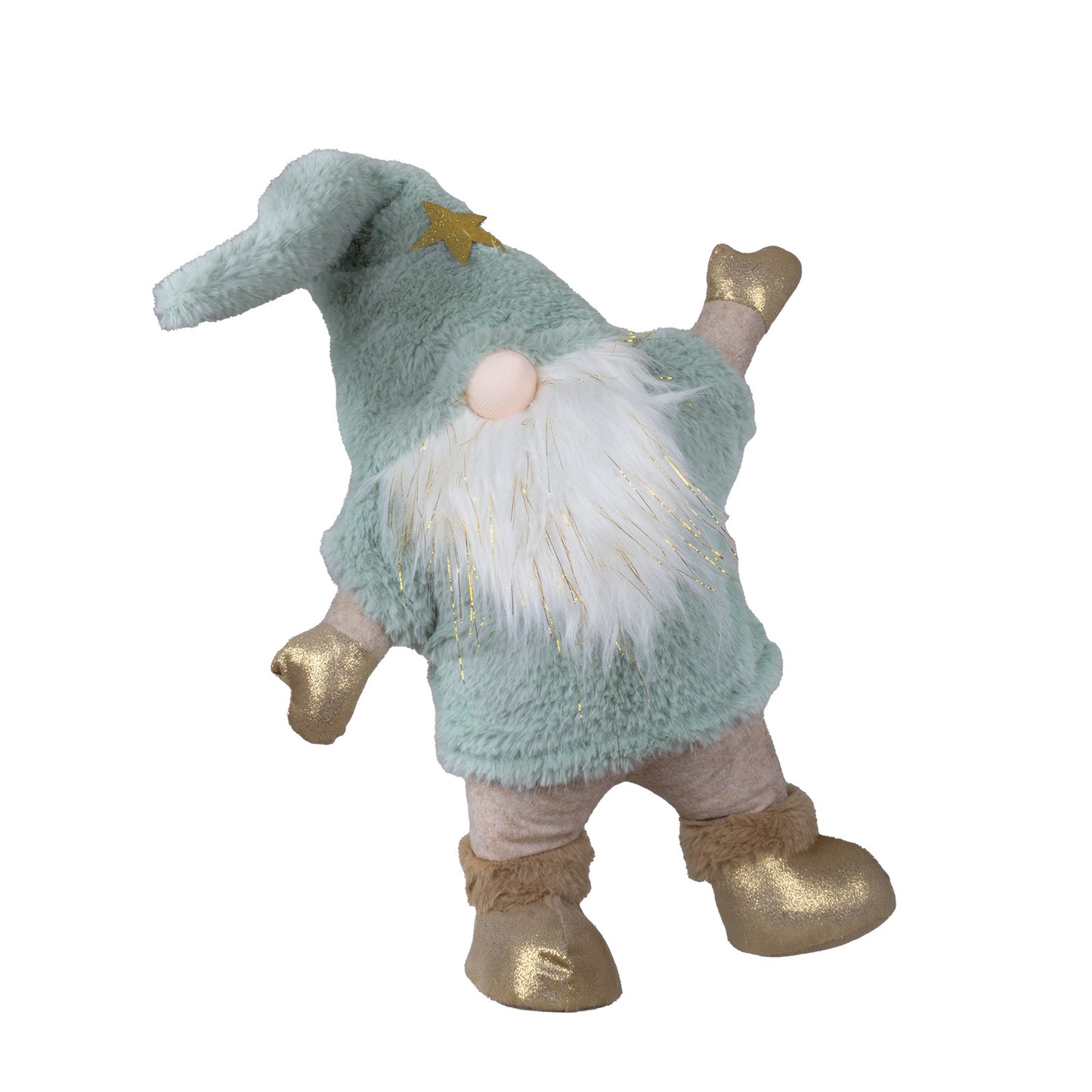 Stehender Wichtel mit einer türkisen Zottelmütze und Mantel, sowie gold schimmernden Handschuhen und Schuhen. Im weißen Fellbart sind goldene Strähnen eingearbeitet. Alleine durch seine Art zu stehen , ist er eine super positive Erscheinung. Höhe: ca. 45 cm -
Material: Stoff, Fell, Metall - Farben: türkis, weiß, braun, gold