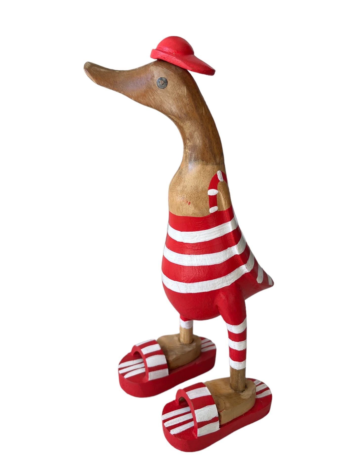 Ente aus Bambus - Badefreund - mit roten Flip Flops, Badeanzug und Cap und einer Höhe von ca. 25 cm.
Wunderschöne Deko aus Bambuswurzel. Jedes Teil handgefertigt und ein Unikat. Ein Hingucker für Drinnen und Draußen.