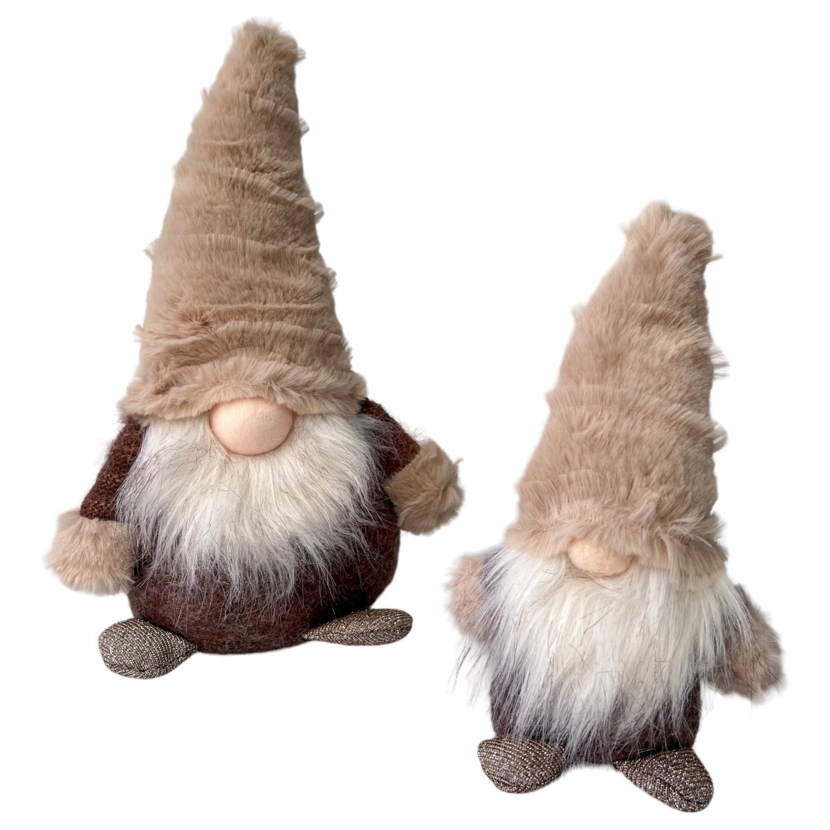 Brauner Wichtel mit Fellbart, Plüschmütze und goldenen Füßen - klein und groß - s'Wichtal