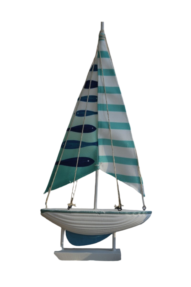 Segelboot - Holz - türkis-weiß - 18 cm x 5 cm x H 35 cm