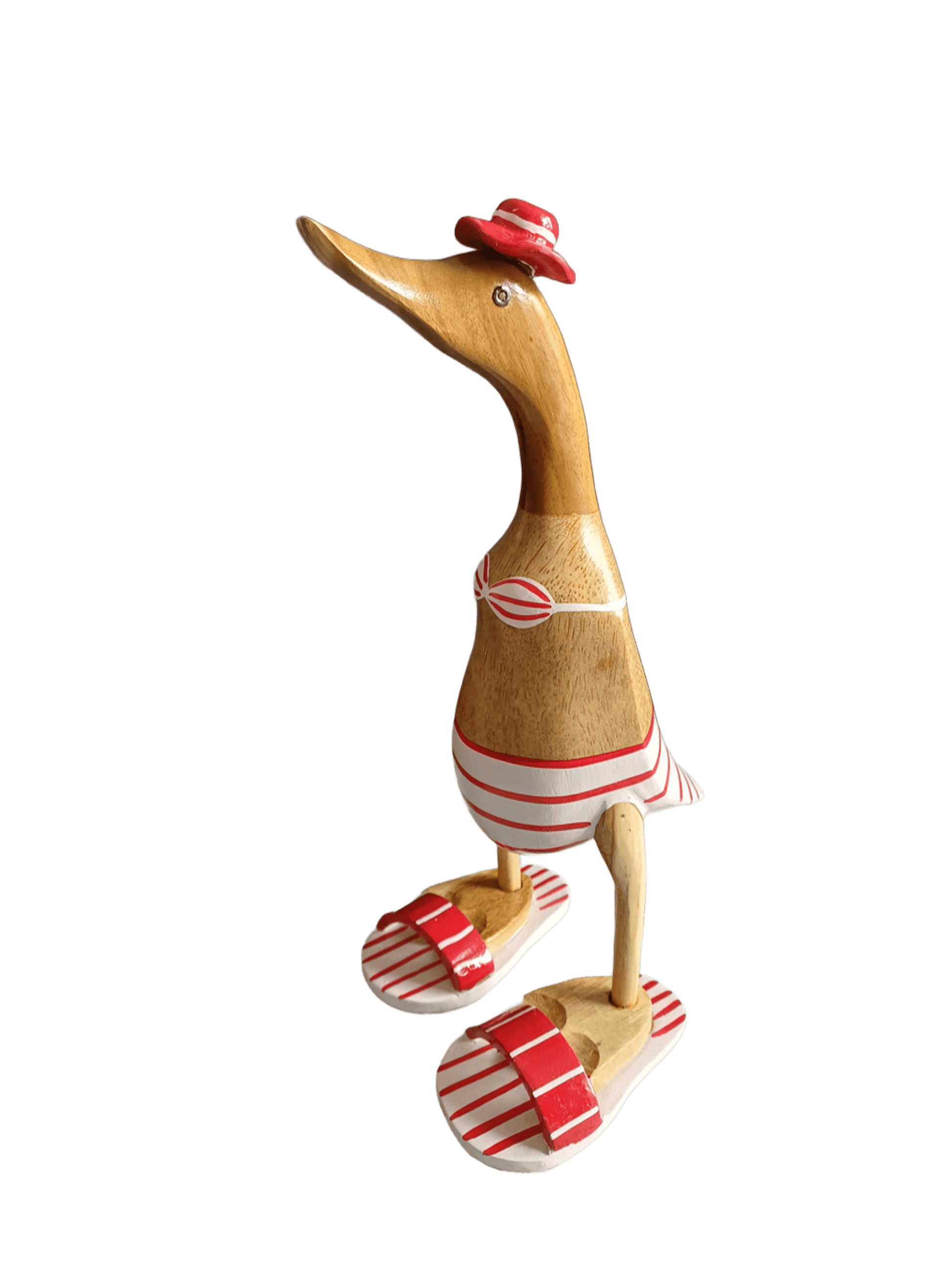 Ente aus Bambus - Badefreund - mit Bikini, Hut und Flip Flops in weiß und rot - Höhe ca. 40 cm.
Wunderschöne Deko aus Bambuswurzel. Jedes Teil handgefertigt und ein Unikat. Ein Hingucker für Drinnen und Draußen