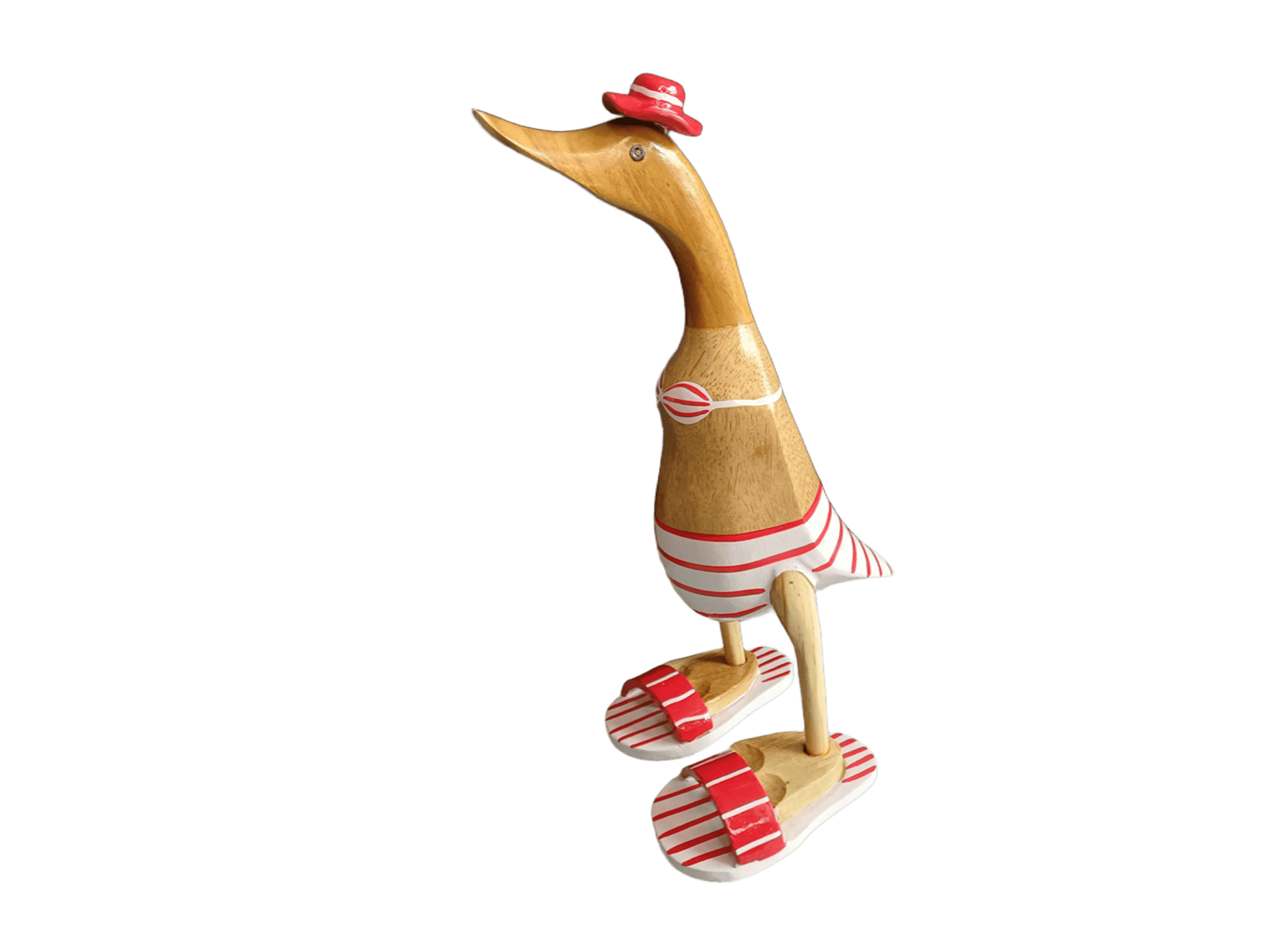 Ente aus Bambus - Badefreund - mit Bikini, Hut und Flip Flops in weiß und rot - Höhe ca. 40 cm.
Wunderschöne Deko aus Bambuswurzel. Jedes Teil handgefertigt und ein Unikat. Ein Hingucker für Drinnen und Draußen