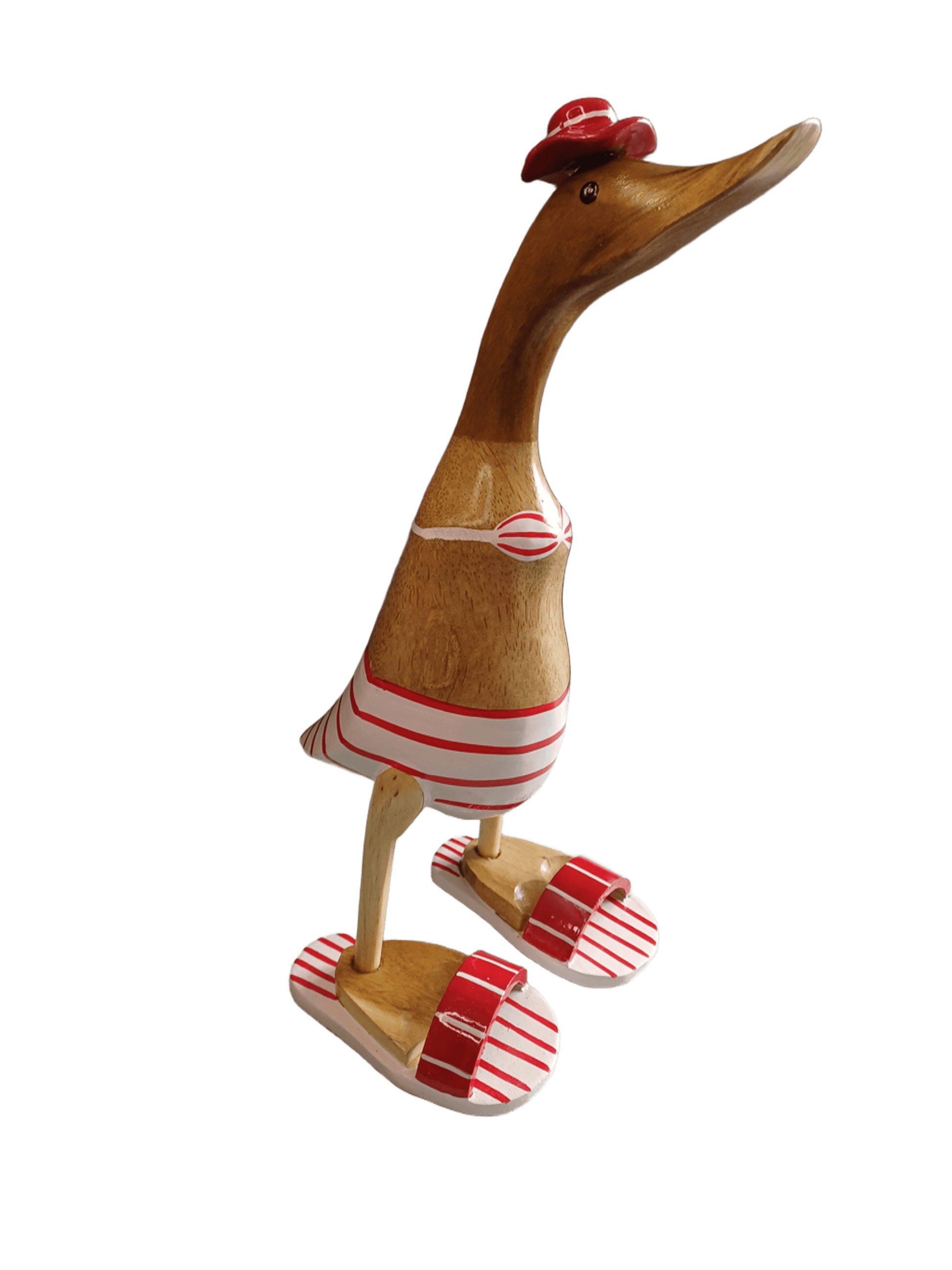 Ente aus Bambus - Badefreund - mit Bikini, Hut und Flip Flops in weiß und rot - Höhe ca. 40 cm.
Wunderschöne Deko aus Bambuswurzel. Jedes Teil handgefertigt und ein Unikat. Ein Hingucker für Drinnen und Draußen