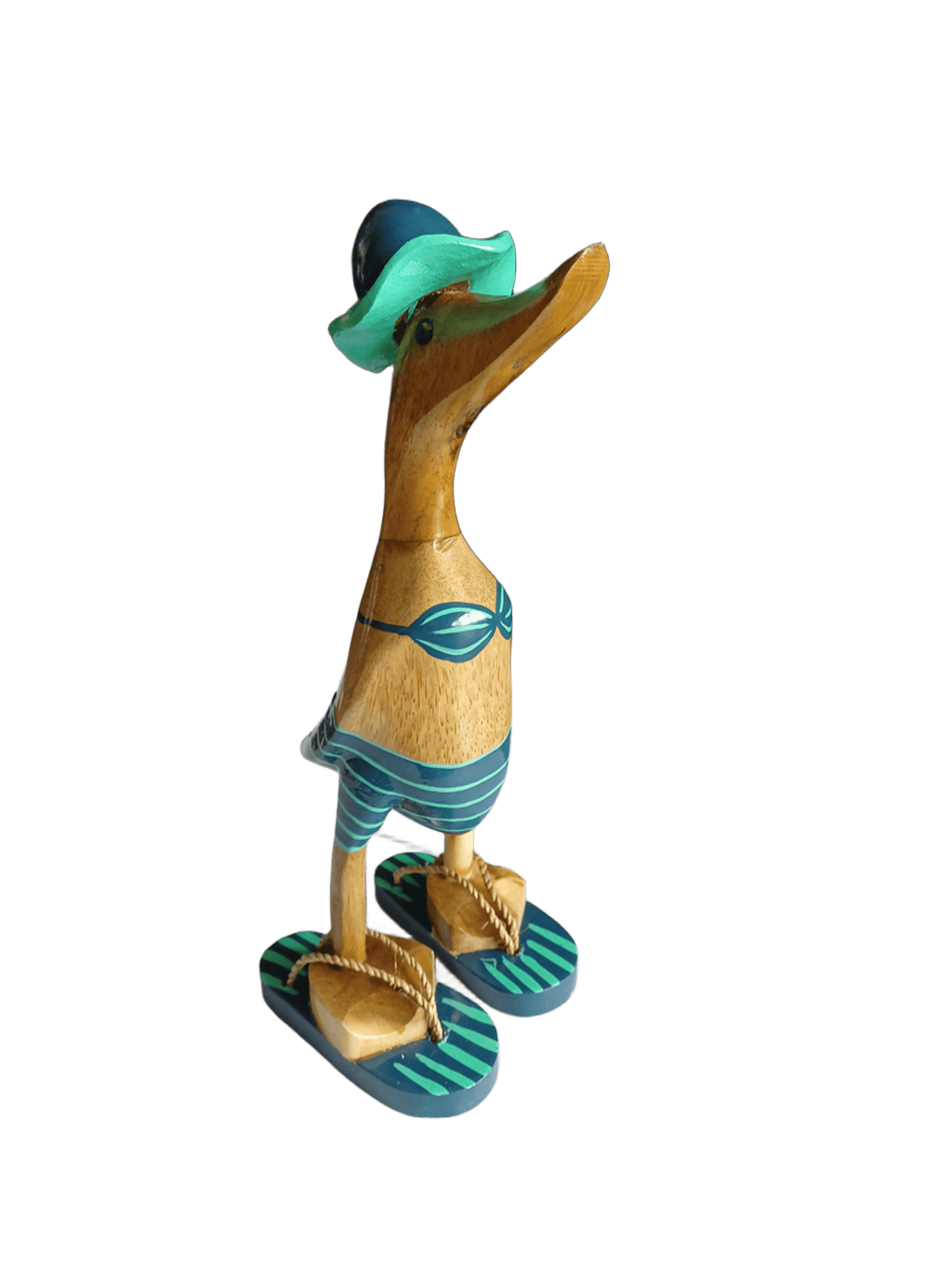 Ente aus Bambus - mit Bikini, Flip Flops und Sonnenhut in türkis / petrol und einer Höhe von 25 cm. Wunderschöne Deko aus Bambuswurzel. Jedes Teil handgefertigt und ein Unikat. Ein Hingucker für Drinnen und Draußen.