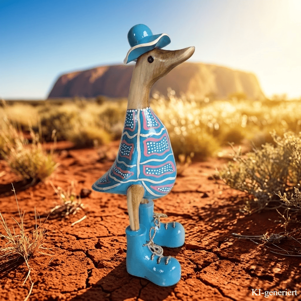 In 2026 ganz neu eingetroffen ist die Australische Bambusente mit Hut und Schuhen in blau. Die Bemalung erinnert an die traditionellen Körperbemalungen der australischen Ureinwohner, der Aborigines. Wunderschöne Deko aus Bambuswurzel. Jedes Teil handgefertigt und ein Unikat aus Bali / Indonesien. Ein Hingucker für Drinnen und Draußen.
Zudem stehen die Enten aus Bambus für Familie, Treue & Liebe und Holz für Wachstum. So macht es sie dadurch auch zu einem bedeutungsvollen Geschenk für einen lieben Menschen
