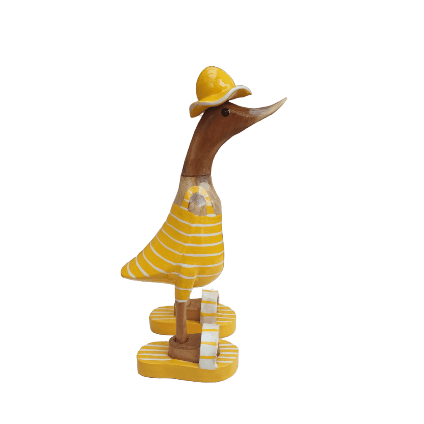 Bambusente im gelbem Badeanzug mit weißen Streifen, Sonnenhut und Flip Flops - Höhe ca. 25 cm.
Wunderschöne Deko aus Bambuswurzel. Jedes Teil handgefertigt und ein Unikat. Ein Hingucker für Drinnen und Draußen.
Bambusente mit Badeanzug, Sonnenhut und Flip Flops / gelb mit weißen Streifen - Farbe: natur / gelb / weiß - Material: Bambus - Maße: Höhe 25 cm - Ursprung: Indonesien.