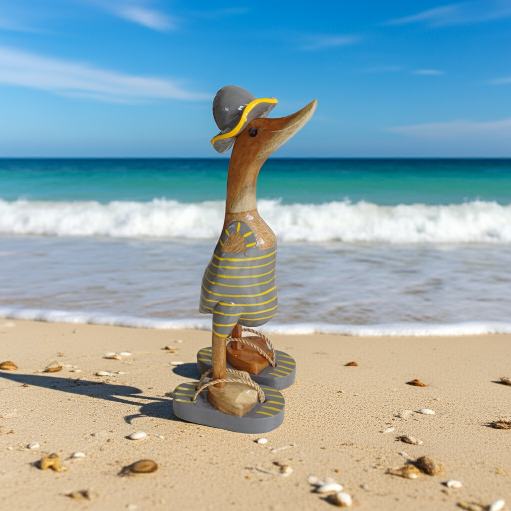 Strandente aus Bambus im grauen Badeanzug mit gelben Streifen, Sonnenhut und Flip Flops - Höhe ca. 25 cm. Wunderschöne Deko aus Bambuswurzel. Jedes Teil handgefertigt und ein Unikat. Ein Hingucker für Drinnen und Draußen
