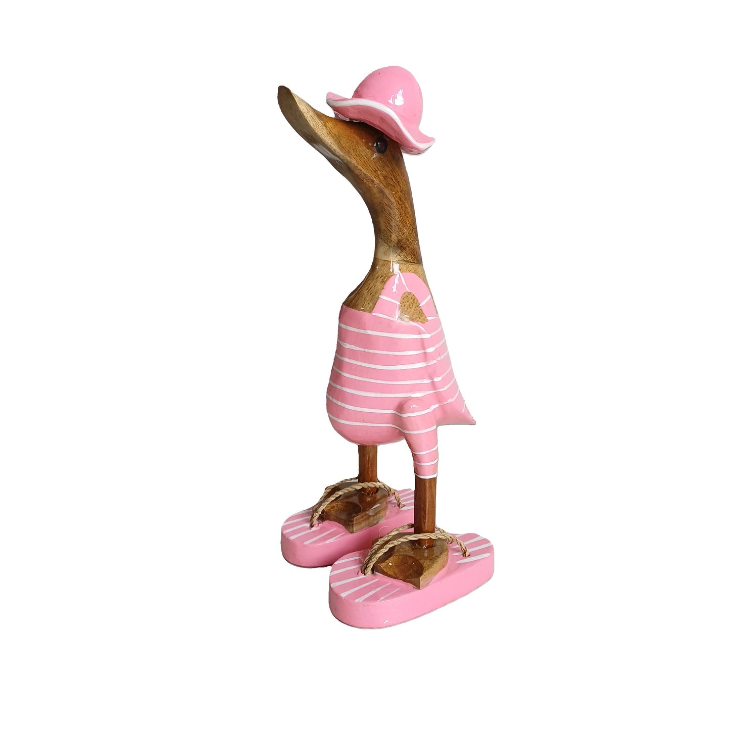 Strandente aus Bambus im rosa Badeanzug mit weißen Streifen, Sonnenhut und Flip Flops - Höhe ca. 25 cm. Wunderschöne Deko aus Bambuswurzel. Jedes Teil handgefertigt und ein Unikat. Ein Hingucker für Drinnen und Draußen