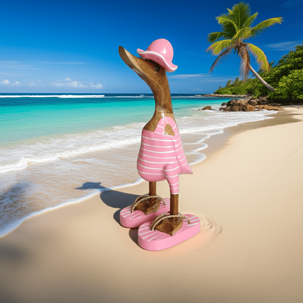 Strandente aus Bambus im rosa Badeanzug mit weißen Streifen, Sonnenhut und Flip Flops - Höhe ca. 25 cm. Wunderschöne Deko aus Bambuswurzel. Jedes Teil handgefertigt und ein Unikat. Ein Hingucker für Drinnen und Draußen