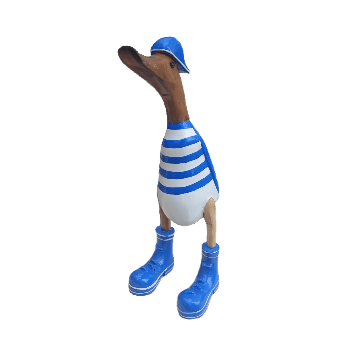 Bambusente mit Basecap und Turnschuhen - blau geringelt in einer Höhe von ca. 25 cm.
Wunderschöne Deko aus Bambuswurzel. Jedes Teil handgefertigt und ein Unikat. Ein Hingucker für Drinnen und Draußen.
Zudem stehen die Enten aus Bambus für Familie, Treue & Liebe und Holz für Wachstum. So macht es sie dadurch auch zu einem bedeutungsvollen Geschenk für einen lieben Menschen.