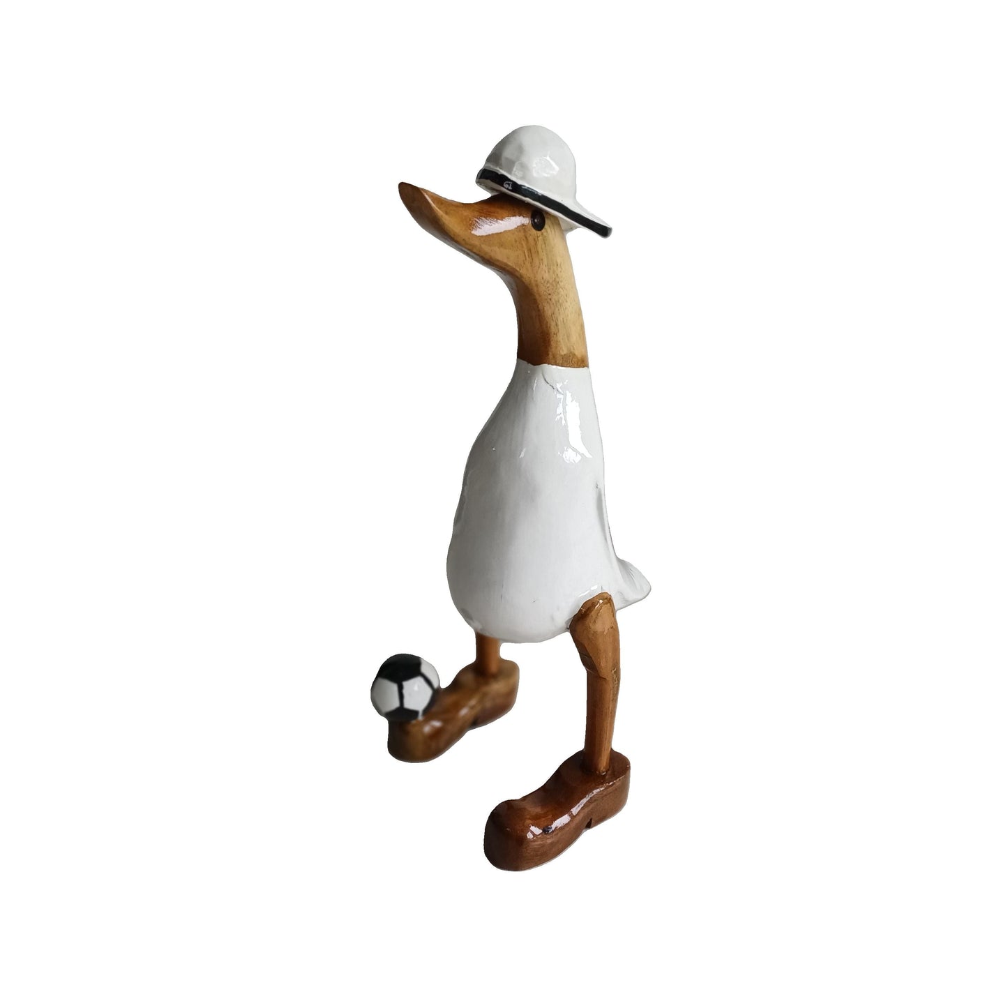Ente mit Fußball und Cap in weiß - Höhe ca. 25 cm. Wunderschöne Deko aus Bambuswurzel. Jedes Teil handgefertigt und ein Unikat aus Bali. Ein Hingucker für Drinnen und Draußen.