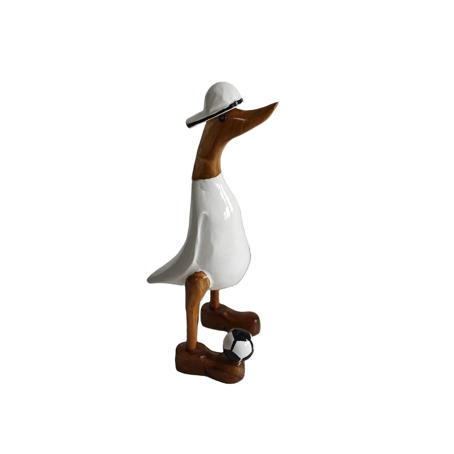 Ente mit Fußball und Cap in weiß - Höhe ca. 25 cm. Wunderschöne Deko aus Bambuswurzel. Jedes Teil handgefertigt und ein Unikat aus Bali. Ein Hingucker für Drinnen und Draußen.