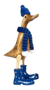 Ente mit Pudelmütze, Schal und Stiefeln aus Bambus in blau ca 25 cm