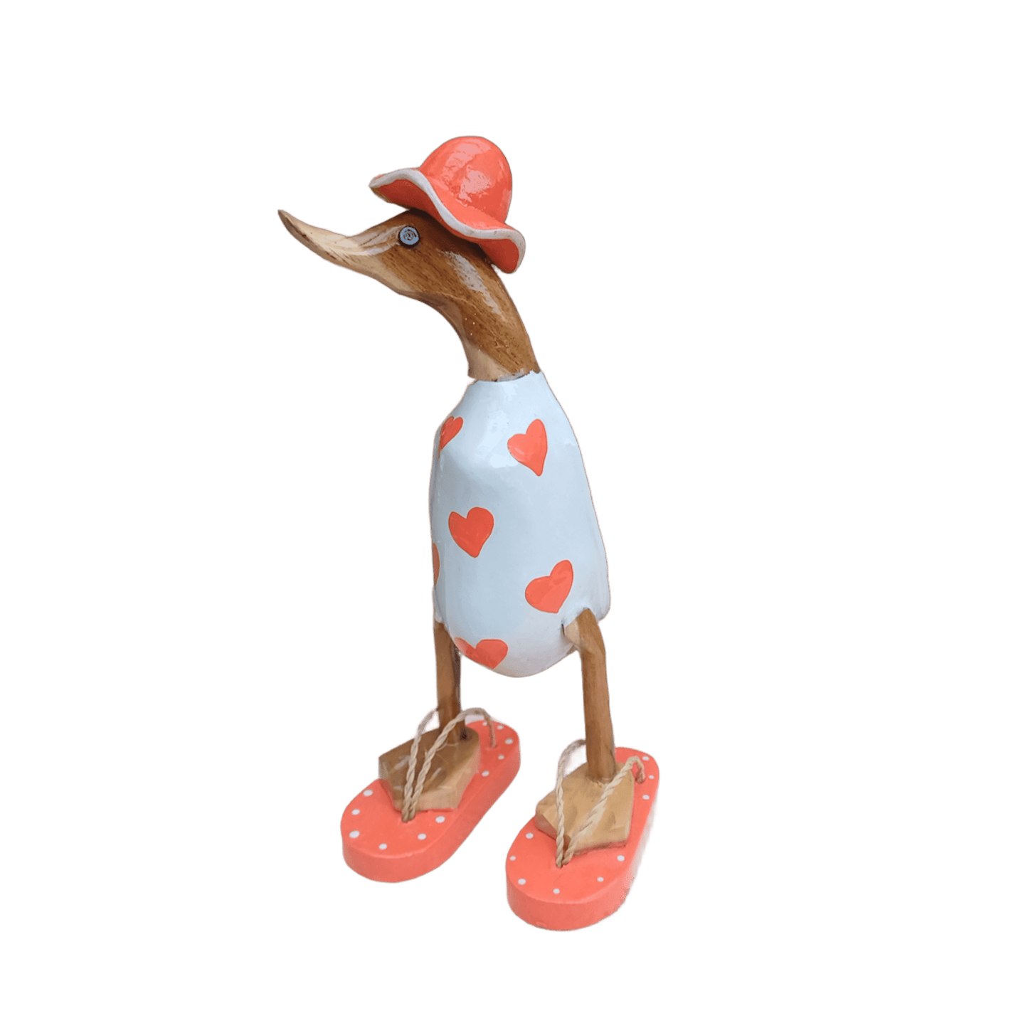 Ente aus Bambus - mit orangen Herzen, orangen Flip Flops und Sonnenhut und einer Höhe von 25 cm. Wunderschöne Deko aus Bambuswurzel. Jedes Teil handgefertigt und ein Unikat. Ein Hingucker für Drinnen und Draußen.
Ente mit Sonnenhut und Flip Flops in weiß u. orange - Farbe: natur / weiß / orange - Material: Bambus - Maße: Höhe 25 cm. Ursprung: Indonesien.