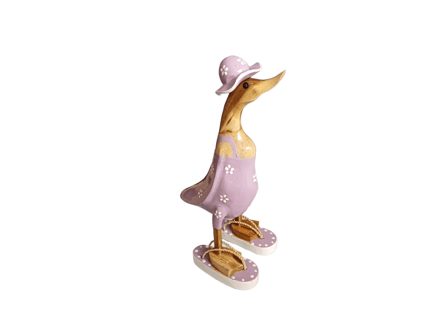 Ente aus Bambus im flieder Blümchen Kleid, mit Flip Flops und Sonnenhut - Höhe ca. 25 cm.
Wunderschöne Deko aus Bambuswurzel. Jedes Teil handgefertigt und ein Unikat. Ein Hingucker für Drinnen und Draußen