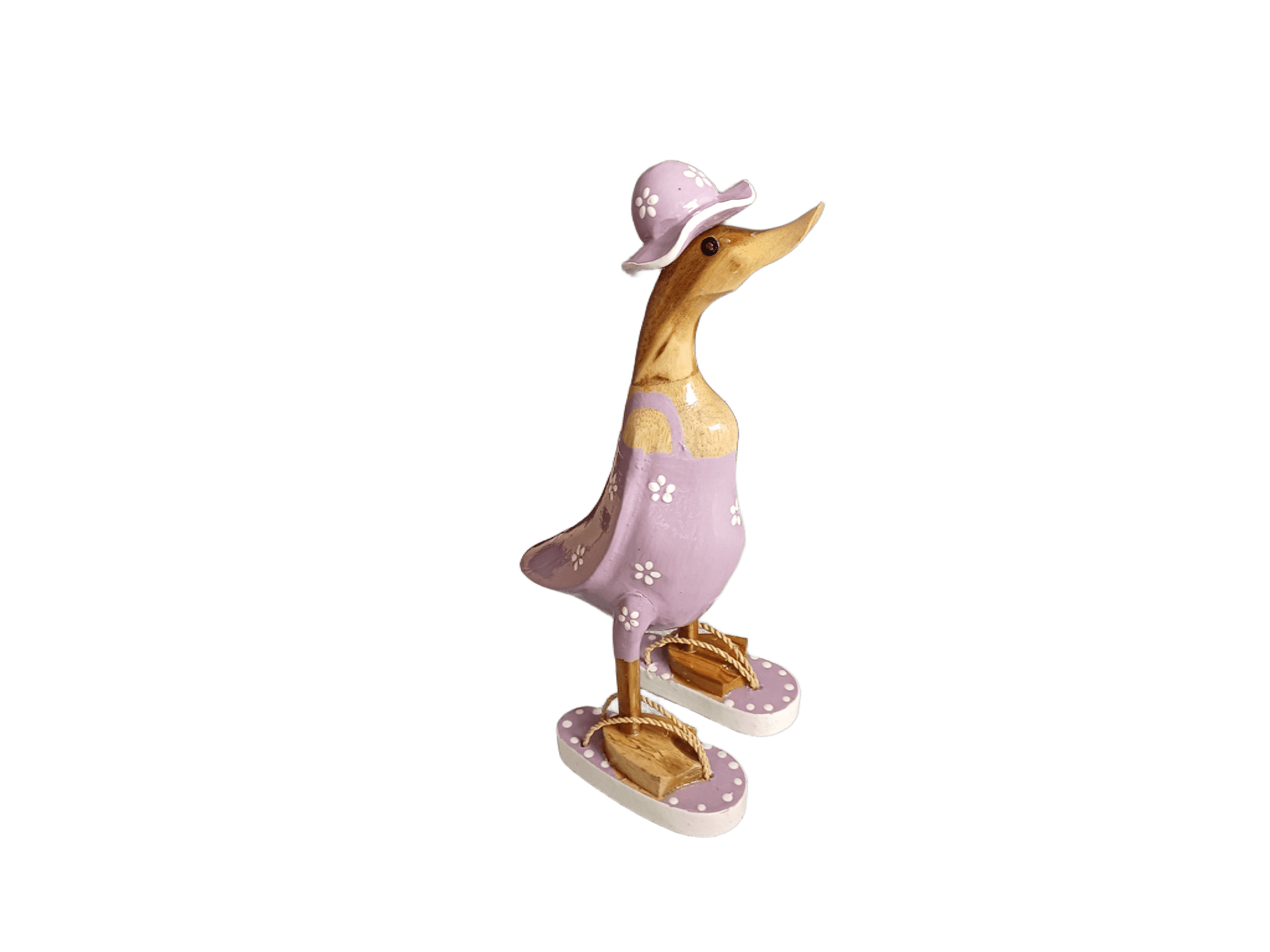 Ente aus Bambus im flieder Blümchen Kleid, mit Flip Flops und Sonnenhut - Höhe ca. 25 cm. 
Wunderschöne Deko aus Bambuswurzel. Jedes Teil handgefertigt und ein Unikat. Ein Hingucker für Drinnen und Draußen