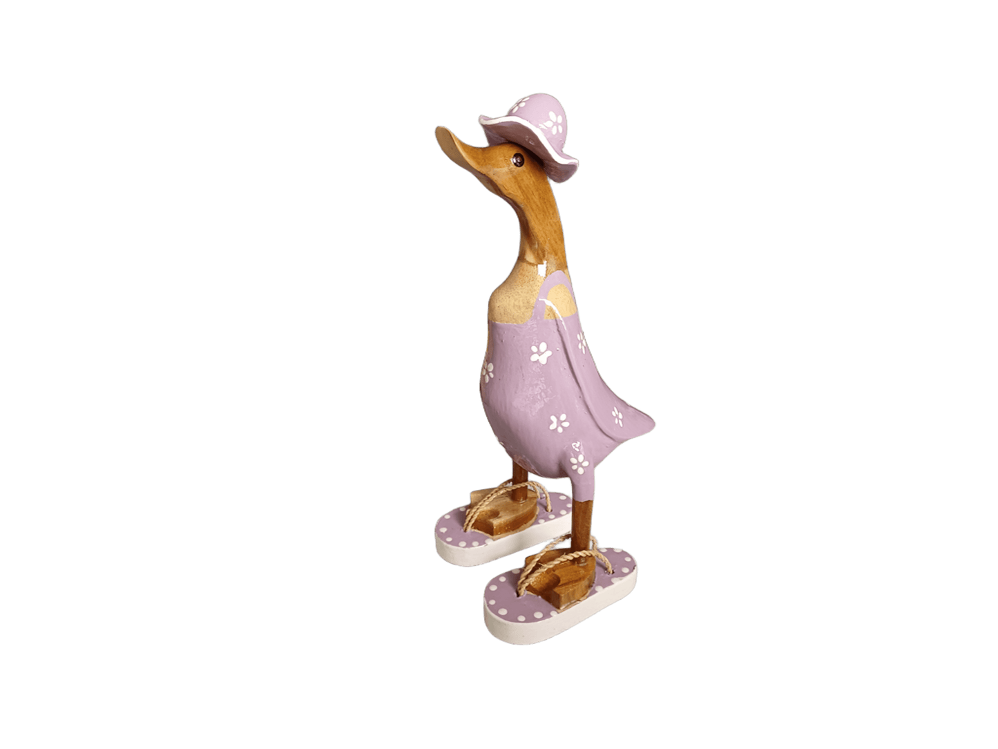 Ente aus Bambus im flieder Blümchen Kleid, mit Flip Flops und Sonnenhut - Höhe ca. 25 cm.
Wunderschöne Deko aus Bambuswurzel. Jedes Teil handgefertigt und ein Unikat. Ein Hingucker für Drinnen und Draußen