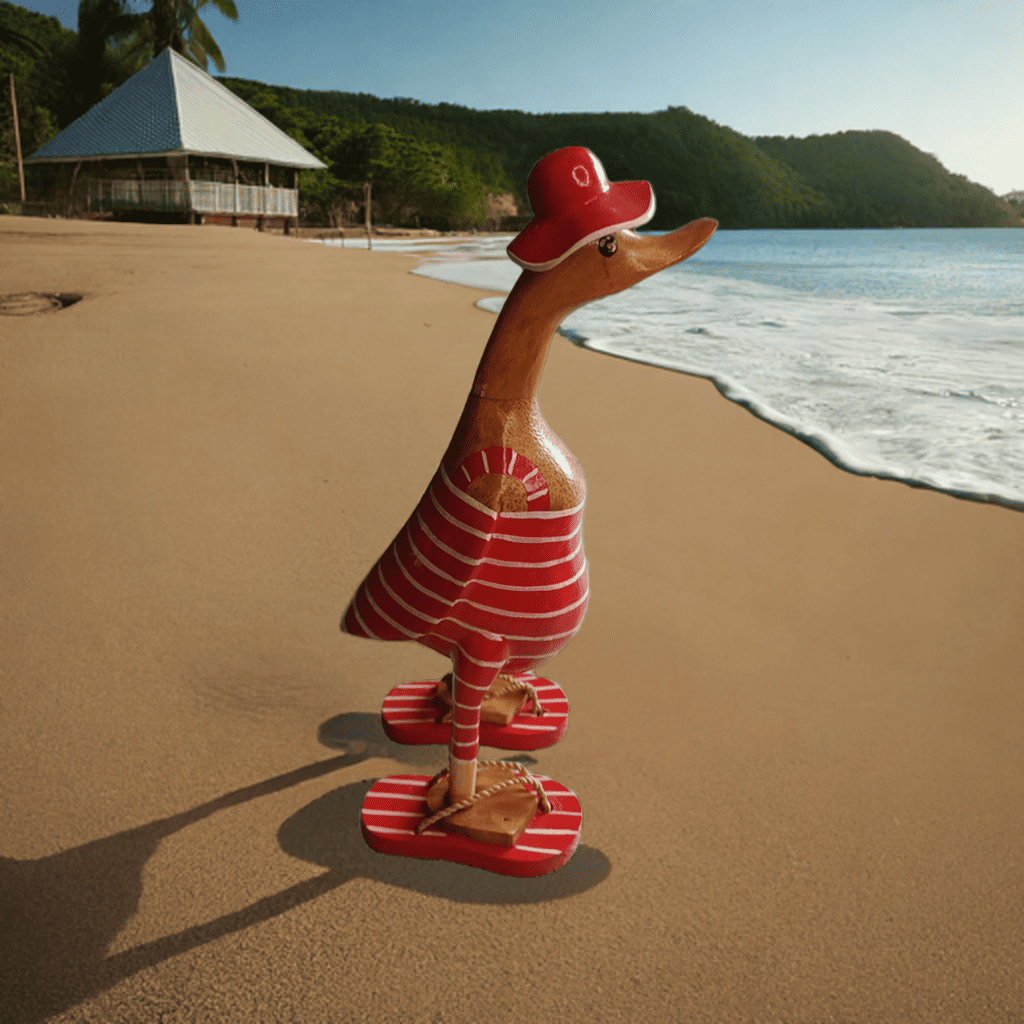 Ente aus Bambus im Badeanzug, roten Flip Flops, Sonnenhut und einer Höhe von ca. 25 cm.
Wunderschöne Deko aus Bambuswurzel. Jedes Teil handgefertigt und ein Unikat. Ein Hingucker für Drinnen und Draußen
