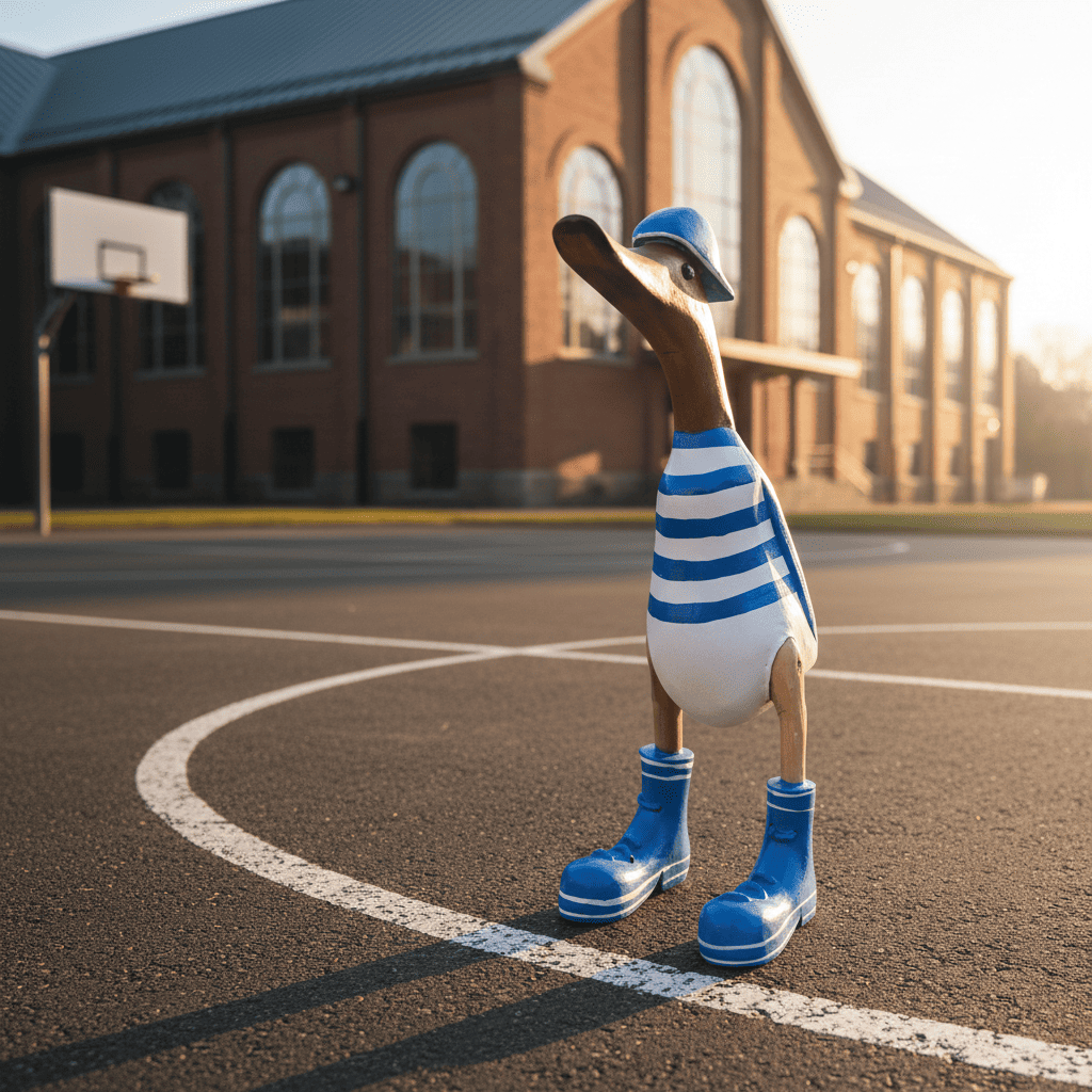Bambusente mit Basecap und Turnschuhen - blau geringelt