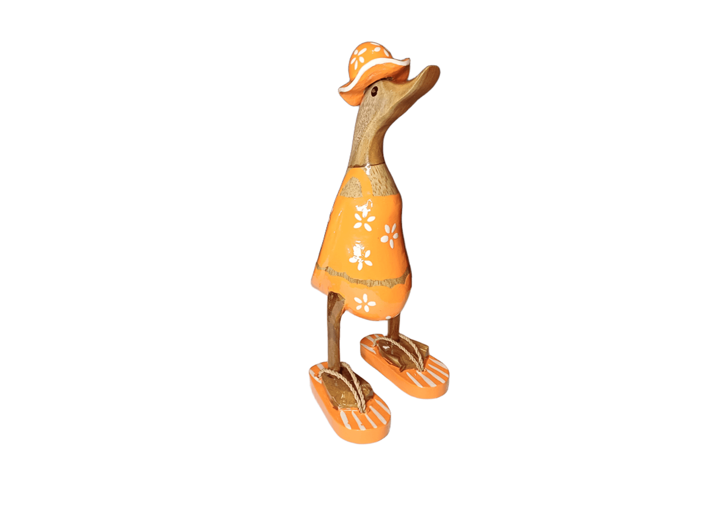 Ente aus Bambus im orangen Blümchen Kleid, mit Flip Flops und Sonnenhut - Höhe ca. 25 cm. Wunderschöne Deko aus Bambuswurzel. Jedes Teil handgefertigt und ein Unikat. Ein Hingucker für Drinnen und Draußen