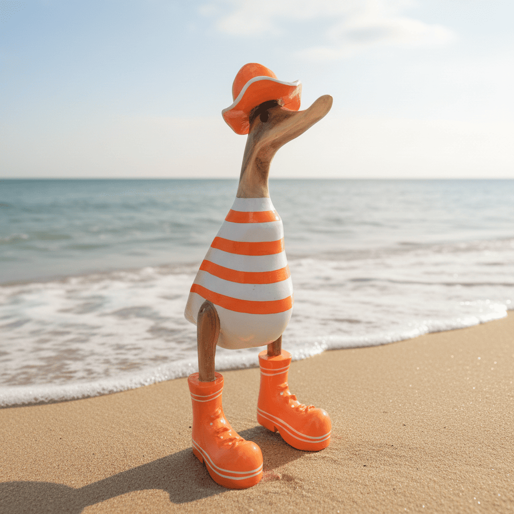 Ente aus Bambus in weiß mit orangen Streifen. Der Sonnenhut und die Turnschuh sind orange mit weißen Akzenten - Höhe ca. 25 cm.
Wunderschöne Deko aus Bambuswurzel. Jedes Teil handgefertigt und ein Unikat. Ein Hingucker für Drinnen und Draußen.
Ente mit Sonnenhut und Turnschuhen in orange - weiß
Farbe: natur / orange / weiß
Material: Bambus
Maße: Höhe 25 cm
Ursprung: Indonesien