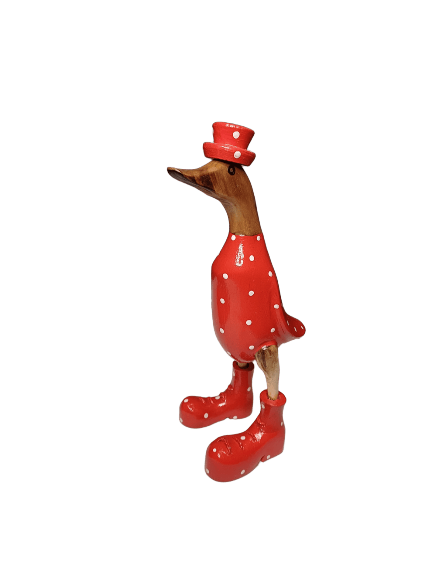 Ente aus Bambus in rot mit Stiefeln und Hut und weißen Punkten in einer Höhe von ca. 25 cm. Wunderschöne Deko aus Bambuswurzel. Jedes Teil handgefertigt und ein Unikat. Ein Hingucker für Drinnen und Draußen.