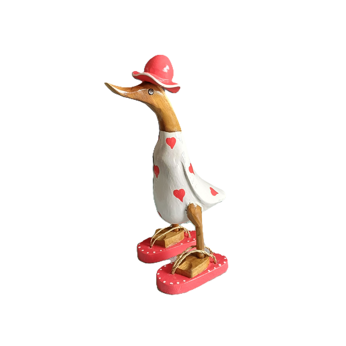 Ente aus Bambus - mit roten Herzen, roten Flip Flops und Sonnenhut und einer Höhe von 25 cm. Wunderschöne Deko aus Bambuswurzel. Jedes Teil handgefertigt und ein Unikat. Ein Hingucker für Drinnen und Draußen