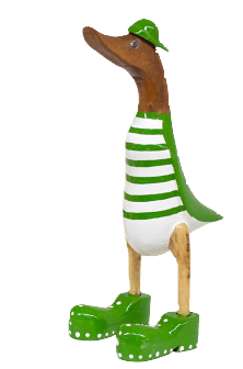 Strandente aus Bambus mit grünen Schuhen und Cap in einer Höhe von 25 cm. Wunderschöne Deko aus Bambuswurzel. Jedes Teil handgefertigt und ein Unikat. Ein Hingucker für Drinnen und Draußen.