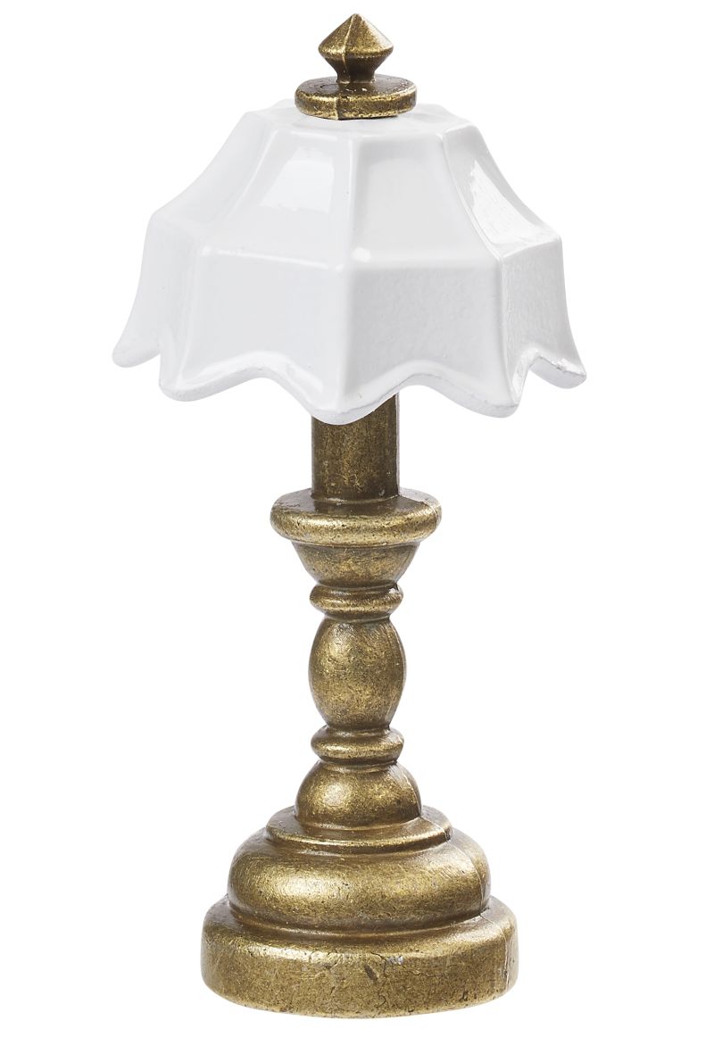 Tischlampe aus Messing mit weißem Lampenschirm als Wichteltür Zubehör - Maß ca 2,0 x 4,3 cm