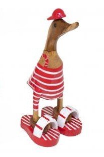 Ente aus Bambus - Badefreund - mit roten Flip Flops, Badeanzug und Cap und einer Höhe von ca. 25 cm
