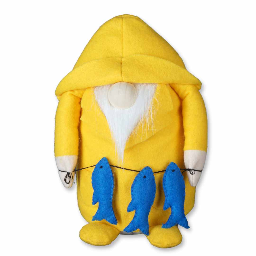 Wichtel - Fischer - Fisch - gelb - besteht aus einem strapazierfähigen Polyesterfilzmaterial und einer Holznase