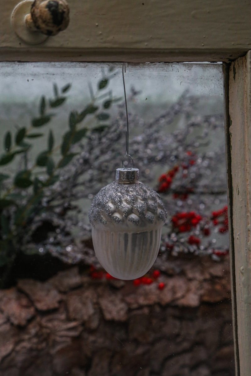 Eichel - silber / weiß - Glas - zum Hängen - 4-teiliges Set - H 7 cm - S´Wichtal - Bernd Borowicz