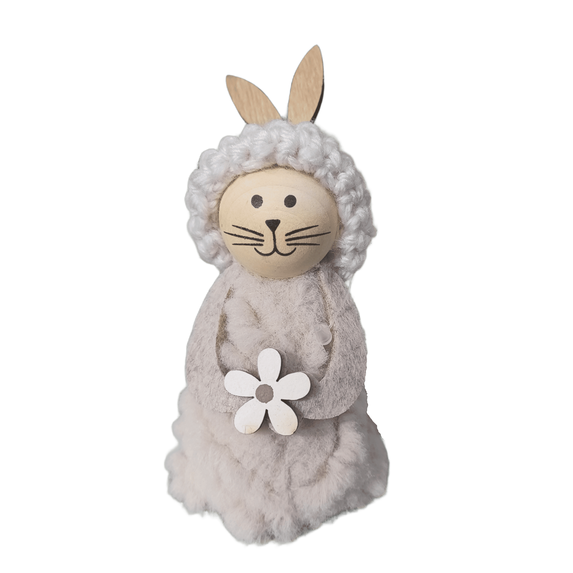 Stehender Hase aus Holz und Stoff. Es gibt ihn in 2 Farbkombinationen. 
Maße: Höhe ca. 12 cm
Material: Holz, Stoff, Filz, Strick
Farben: natur, weiß, creme
Lieferumfang: 1 Hase in der ausgesuchten Farbkombination
