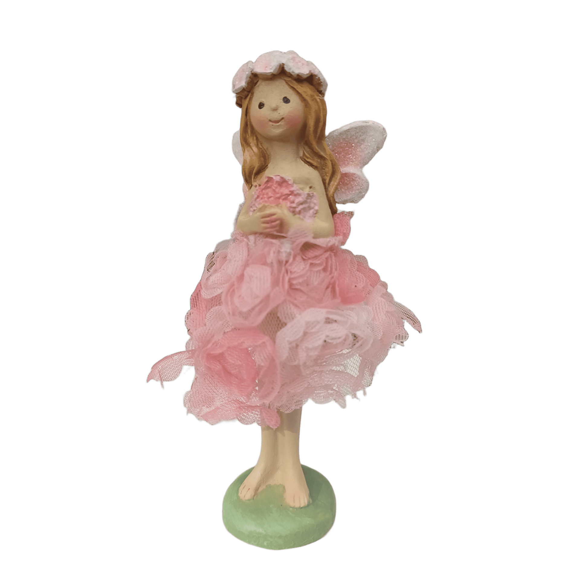 Elfe im Rosenkleid - stehend - in rosa oder apricot erhältlich. 
Maße: Höhe ca. 11 cm 
Material: Polyresin, Stoff, Metall
Farben: rosa, apricot
Lieferumfang: 1 Elfe in der ausgesuchten Farbe