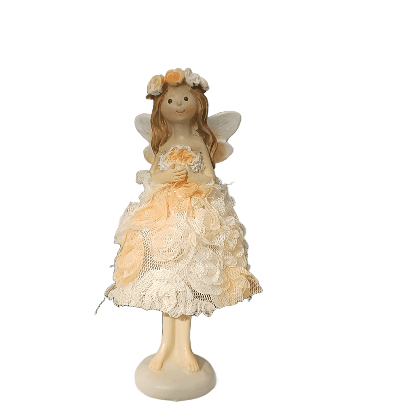 Elfe im Rosenkleid - stehend - in rosa oder apricot erhältlich. 
Maße: Höhe ca. 11 cm 
Material: Polyresin, Stoff, Metall
Farben: rosa, apricot
Lieferumfang: 1 Elfe in der ausgesuchten Farbe