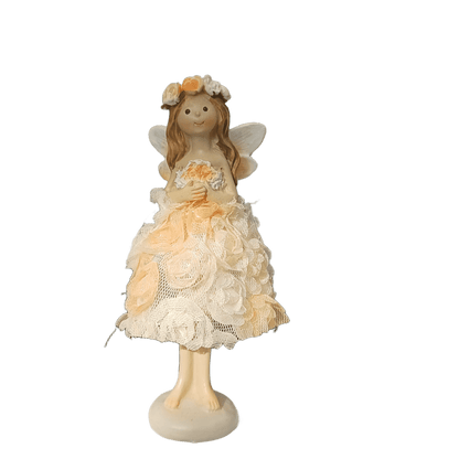 Elfe im Rosenkleid - stehend - in rosa oder apricot erhältlich. 
Maße: Höhe ca. 11 cm 
Material: Polyresin, Stoff, Metall
Farben: rosa, apricot
Lieferumfang: 1 Elfe in der ausgesuchten Farbe