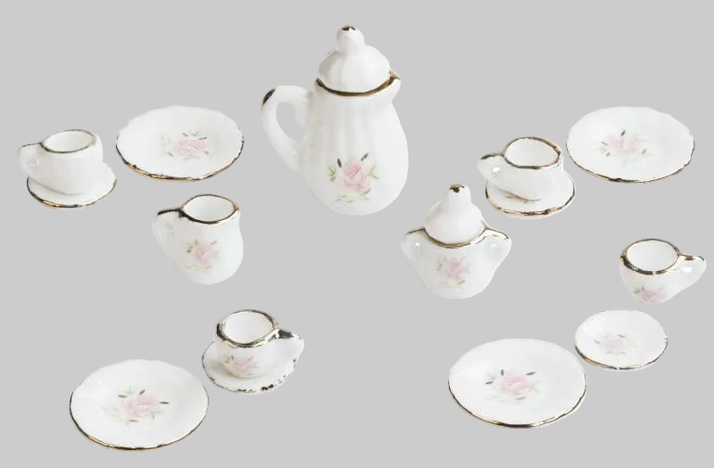 15 teiliges Kaffeeservice in weiß / rosa mit Goldrand als Zubehör Wichteltür 