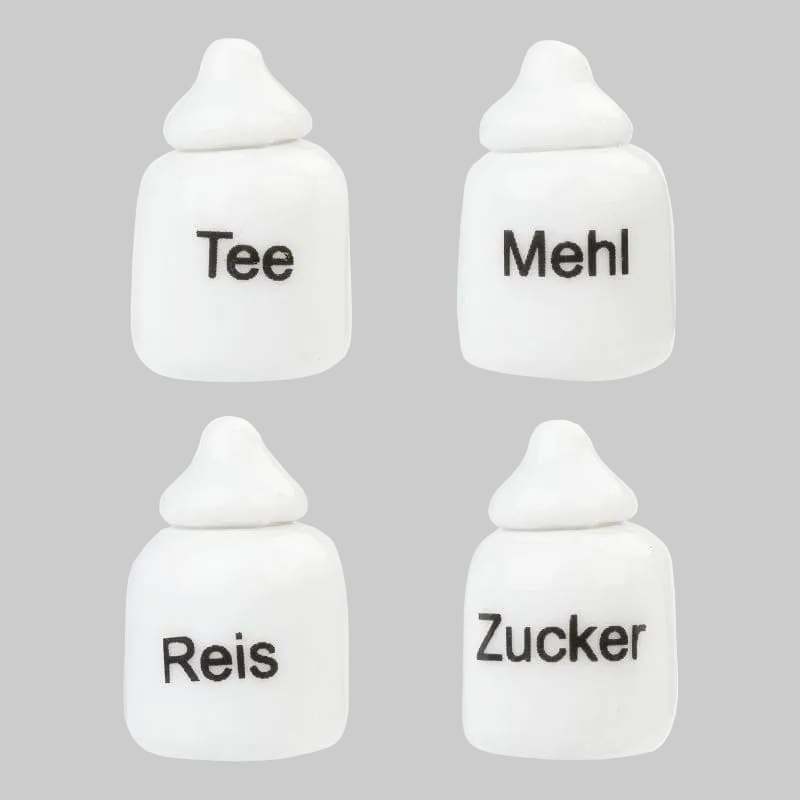 4 Dosen aus Porzellan für Tee, Mehl, Reis und Zucker als Zubehör Wichteltür. Das sollte in keiner Küche fehlen.