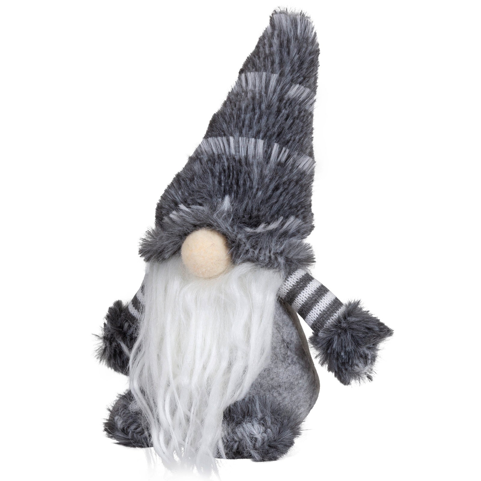 Wichtel mit Plüschmütze in grau mit weißen Streifen - Höhe: ca. 20,0 cm - 
Material: Plüsch, Stoff - Farben: grau, weiß