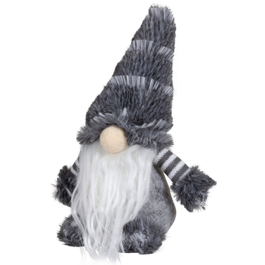 Wichtel mit Plüschmütze in grau mit weißen Streifen - Höhe: ca. 20,0 cm - 
Material: Plüsch, Stoff - Farben: grau, weiß