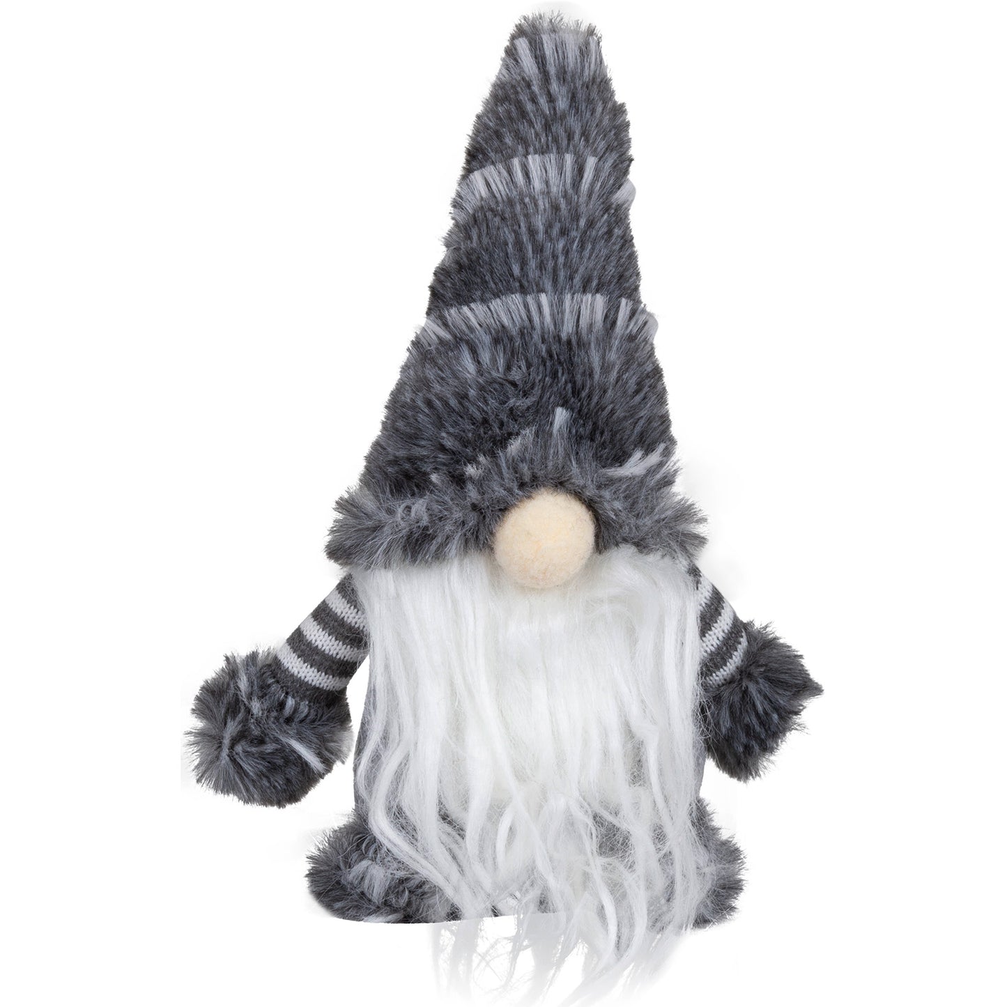 Wichtel mit Plüschmütze in grau mit weißen Streifen - Höhe: ca. 20,0 cm - 
Material: Plüsch, Stoff - Farben: grau, weiß