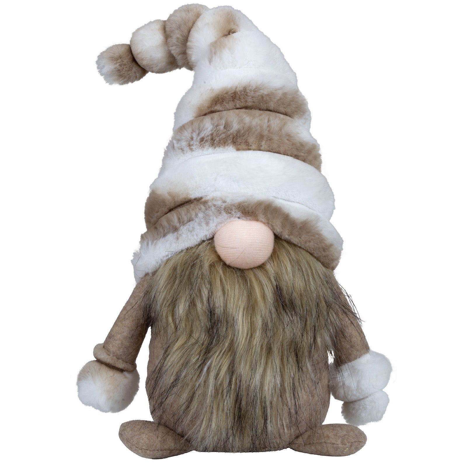 Dieser braun weiße Wichtel mit seiner braun weißen Plüschmütze und den Handschuhen, erinnert doch sehr an einen Eskimo. Nur die Nase schaut unter der sehr langen Mütze hervor. Höhe: ca. 40,0 cm - Material: Filz, Plüsch - Farben: braun, weiß