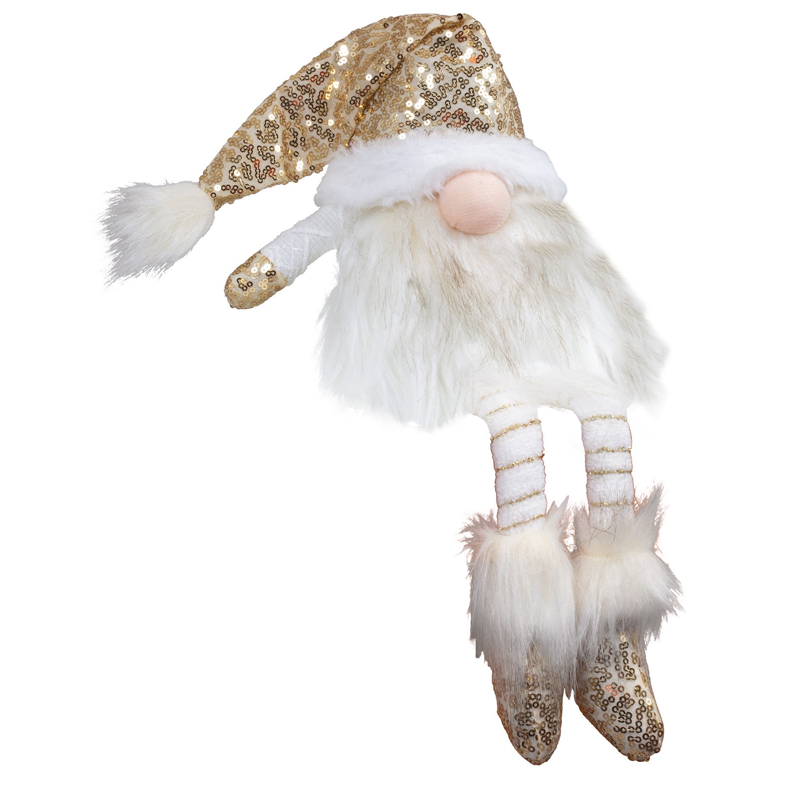 Wichtel als Kantenhocker mit einer Stoffmütze. Die Mütze, sowie die Schuhe sind mit goldenen Pailletten besetzt. Durch den weißen Kontrast erscheint er in einer sehr edle Optik. Durch seinen leicht angegrauten Bart wirkt er sehr erhaben. 
Höhe: ca. 40 cm - Material: Stoff, Filz, Pailletten, Fell - Farben: gold, weiß