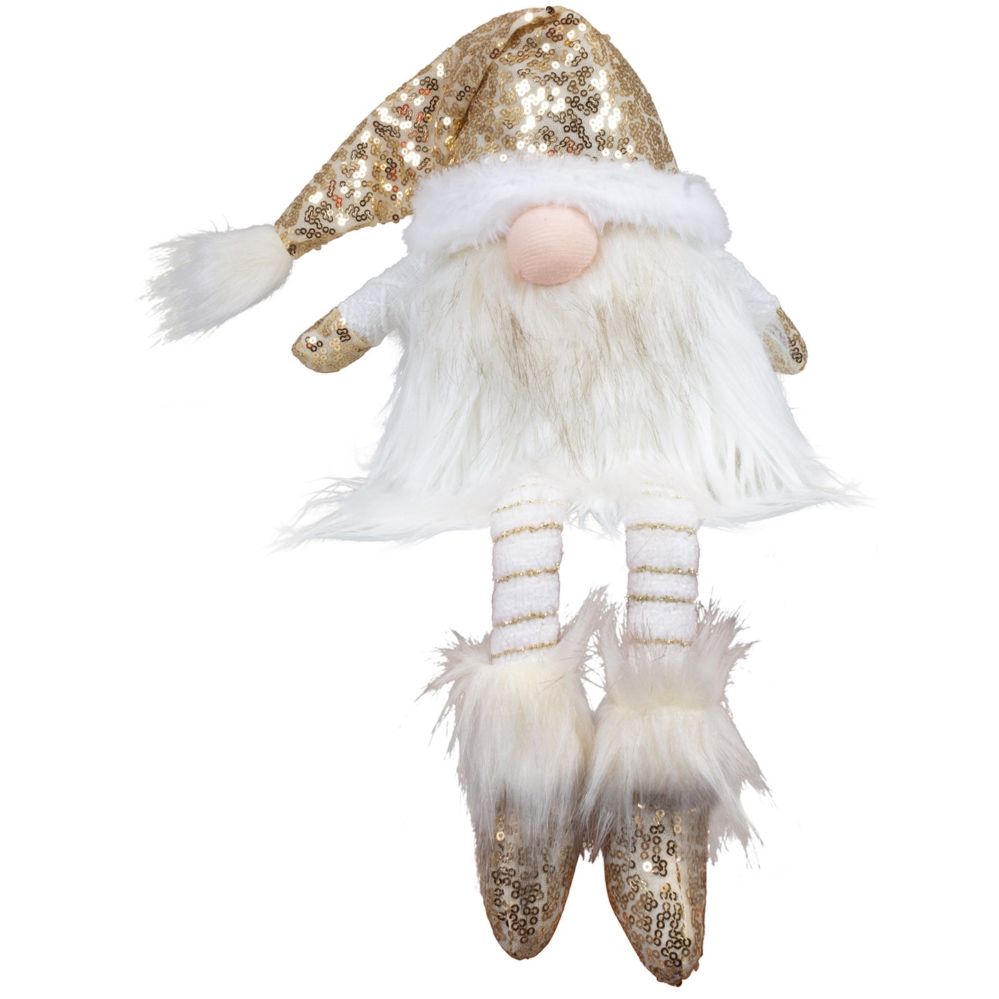 Wichtel als Kantenhocker mit einer Stoffmütze. Die Mütze, sowie die Schuhe sind mit goldenen Pailletten besetzt. Durch den weißen Kontrast erscheint er in einer sehr edle Optik. Durch seinen leicht angegrauten Bart wirkt er sehr erhaben. 
Höhe: ca. 40 cm - Material: Stoff, Filz, Pailletten, Fell - Farben: gold, weiß