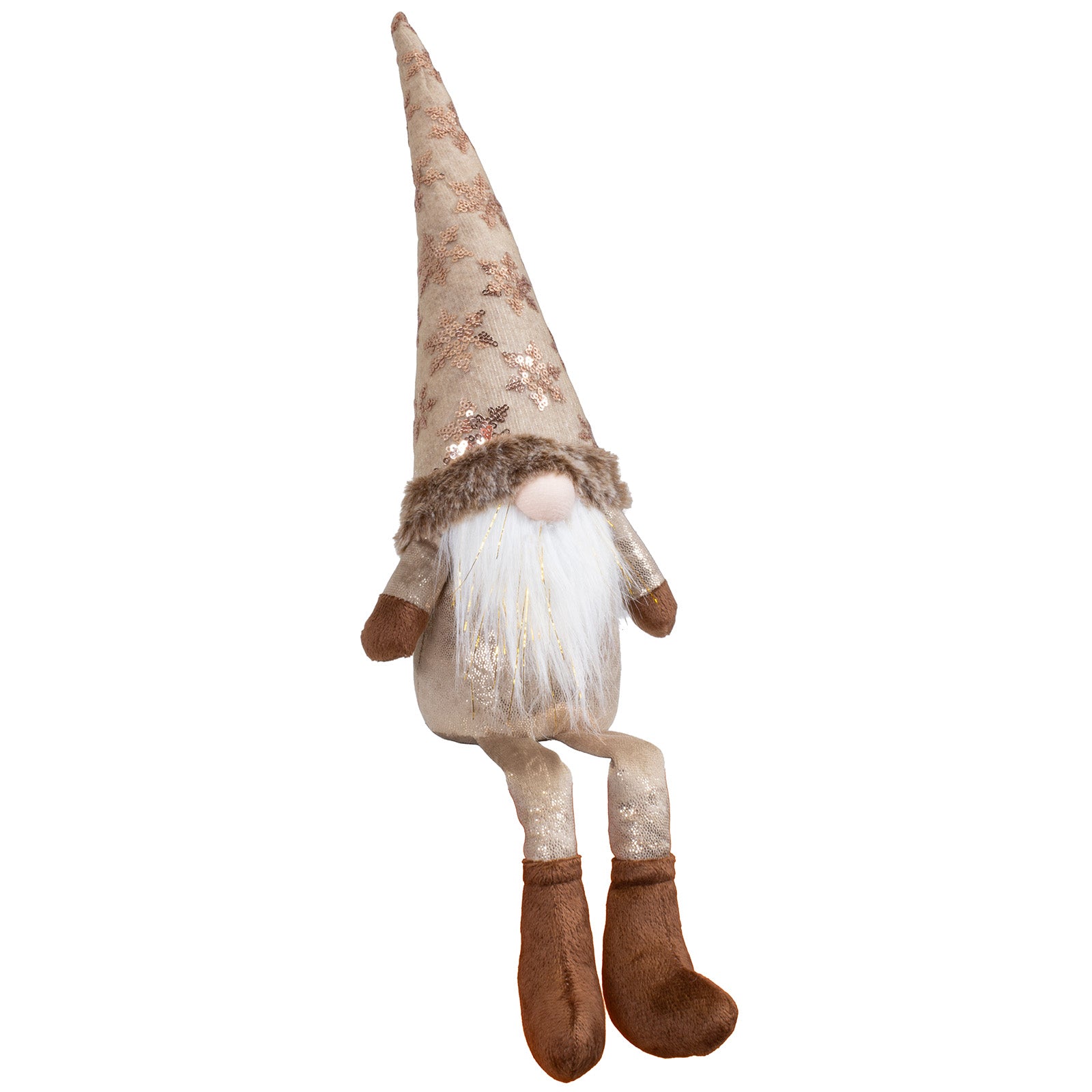 Wichtel als Kantenhocker mit einer Stoffmütze. Die Mütze ist mit Pailletten in Form von Schneeflocken besetzt. Im weißen Bart sind dezente Goldsträhnen eingearbeitet. Dadurch bekommt der Wichtel eine sehr edle und erhabene Optik. Höhe: ca. 55 cm (Gesamtlänge vom Fuß bis zum Ender der langgezogenen Mütze) - Material: Stoff, Samt, Pailletten, Fell - Farben: braun, bronze