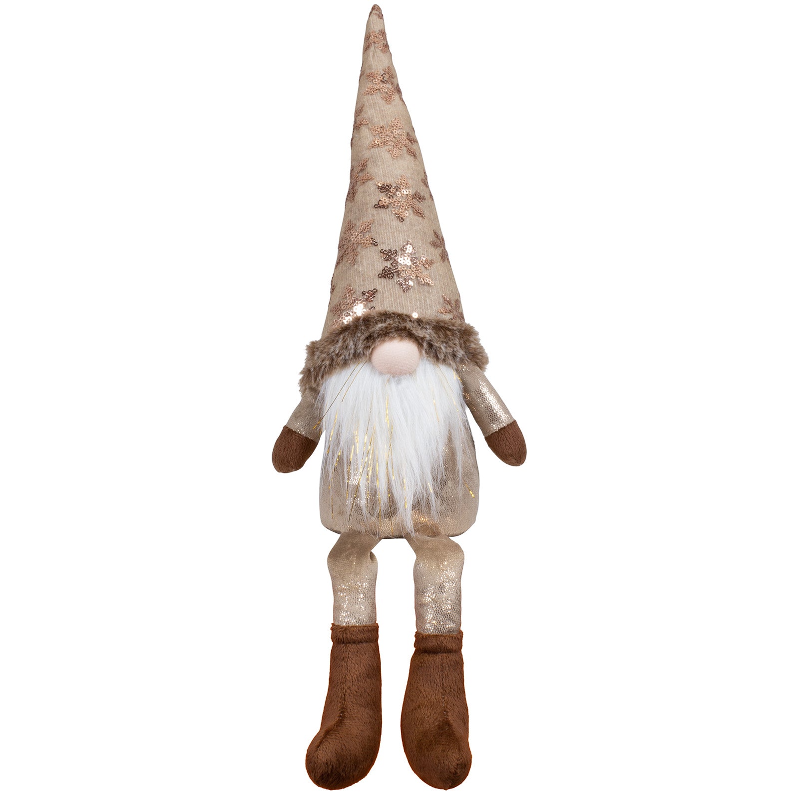Wichtel als Kantenhocker mit einer Stoffmütze. Die Mütze ist mit Pailletten in Form von Schneeflocken besetzt. Im weißen Bart sind dezente Goldsträhnen eingearbeitet. Dadurch bekommt der Wichtel eine sehr edle und erhabene Optik. Höhe: ca. 55 cm (Gesamtlänge vom Fuß bis zum Ender der langgezogenen Mütze) - Material: Stoff, Samt, Pailletten, Fell - Farben: braun, bronze